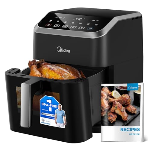 Midea Heißluftfritteuse 7L Fassungsvermögen, HeatXpress Technologie 90% weniger Öl, Energie- und Zeitersparnis mit 7 Voreinstellungen, Easy-View Fenster & Licht, Antihaft, Schwarz von Midea