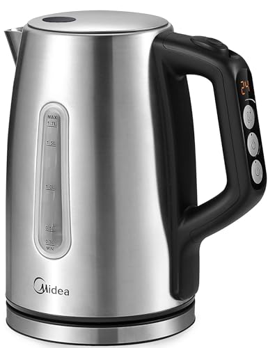 Midea Wasserkocher mit Temperatureinstellung (40, 60, 70, 80, 90, 100 Degree C ),Edelstahl 1,7 Liter,Kettle 2200W mit Sichtfenster, Warmhaltefunktion für 60 Min, Schwarz,MK-17S30B2-E5 von Midea