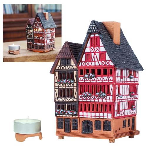 Midene Ceramic Houses Collection Teelichthalter S16-3, handgemachte Miniatur des Hauses in Eastside of Romer in Frankfurt von Midene
