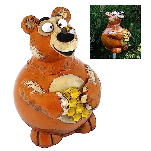 Midene Gartenstecker Keramik Handgefertigt - Gartendeko für Draußen Wetterfest - Garten Deko Keramik - Gartenfiguren & Gartenstatuen - Teddybär mit Honigtopf von Midene