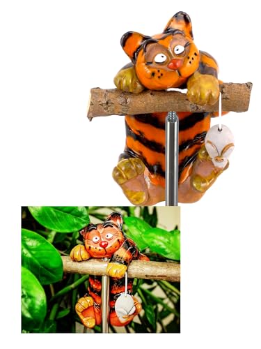 Midene Gartenstecker Keramik Handgefertigt - Gartendeko für Draußen Wetterfest - Garten Deko Keramik - Gartenfiguren & Gartenstatuen - Katze mit Maus von Midene
