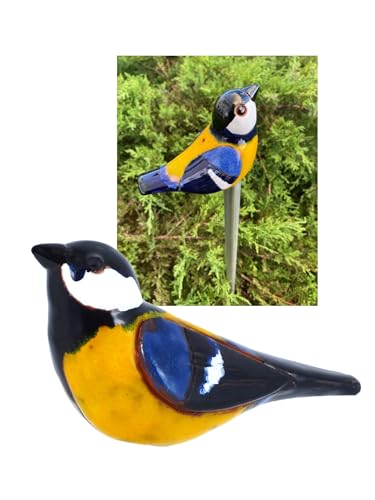 Midene Gartenstecker Keramik Handgefertigt - Gartendeko für Draußen Wetterfest - Garten Deko Keramik - Vogel Gartenfiguren & Gartenstatuen - Blaumeise/Meise von Midene