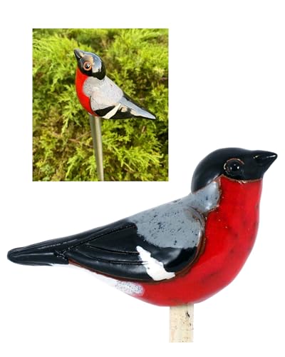 Midene Gartenstecker Keramik Handgefertigt - Gartendeko für Draußen Wetterfest - Garten Deko Keramik - Vogel Gartenfiguren & Gartenstatuen - Gimpel/Dompfaff von Midene