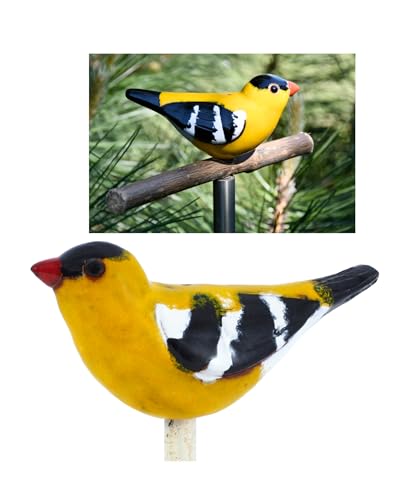 Midene Gartenstecker Keramik Handgefertigt - Gartendeko für Draußen Wetterfest - Garten Deko Keramik - Vogel Gartenfiguren & Gartenstatuen - Goldzeisig / 'Wilder Kanarienvogel’ von Midene