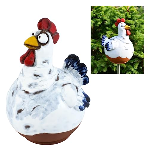 Midene Gartenstecker Keramik Handgefertigt - Gartendeko für Draußen Wetterfest - Garten Deko Keramik - Gartenfiguren & Gartenstatuen - Gartenkugel Huhn von Midene