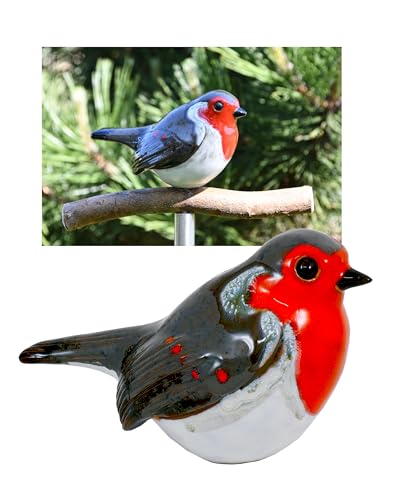 Midene Gartenstecker Keramik Handgefertigt - Gartendeko für Draußen Wetterfest - Garten Deko Keramik - Vogel Gartenfiguren & Gartenstatuen - Rotkehlchen von Midene