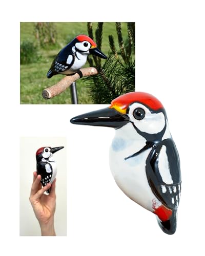 Midene Gartenstecker Keramik Handgefertigt - Gartendeko für Draußen Wetterfest - Garten Deko Keramik - Vogel Gartenfiguren & Gartenstatuen - Specht von Midene