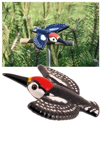 Midene Gartenstecker Keramik Handgefertigt - Gartendeko für Draußen Wetterfest - Garten Deko Keramik - Vogel Gartenfiguren & Gartenstatuen - Specht von Midene