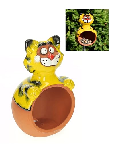 Midene Gartenstecker Keramik Handgefertigt - Gartendeko für Draußen Wetterfest - Garten Deko Keramik - Vogelfütterer Gartenfiguren & Gartenstatuen - Katze Gelb von Midene