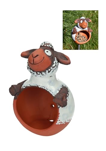 Midene Gartenstecker Keramik Handgefertigt - Gartendeko für Draußen Wetterfest - Garten Deko Keramik - Vogelfütterer Gartenfiguren & Gartenstatuen - Schaf weiß von Midene