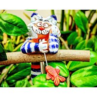 Beetstecker Keramik Gartenstecker Deko Handgemacht Frostsicher Katze Felix Mit Fisch Garten Kunst Midene von MideneArtStudio