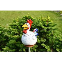 Keramik Vogel Gartendeko Gartenhahn Gartenstecker Frostsicher Handgemacht Handbemalter Rasenstecker Gartenkugel Midene von MideneArtStudio