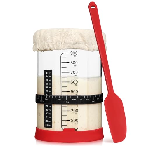 Midgod Sauerteig Starter Set, 1000ml Sauerteig Glas, Brot Backen Zubehör für Gärglas mit Spatel u. Thermometer, Fermentieren Glas Behälte mit Fütterungsband, genähter Stoffabdeckung & Silikondeckel Midgod Sauerteig Starter Set, 1000ml Sauerteig Glas, Brot Backen Zubehör für Gärglas mit Spatel u. Thermometer, Fermentieren Glas Behälte mit Fütterungsband, genähter Stoffabdeckung & Silikondeckel von Midgod