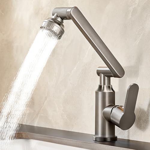 MIDINGCHAI Niederdruck Armatur Bad, Wasserhahn Bad Hoch, 1080 Grad Drehbarer Wasserhahn mit Schlauch, Ideal Standard Waschtischarmatur mit 2 Strahlarten, Bleifrei/Nickelfrei Edelstahl Für Badezimmer von MidingChai