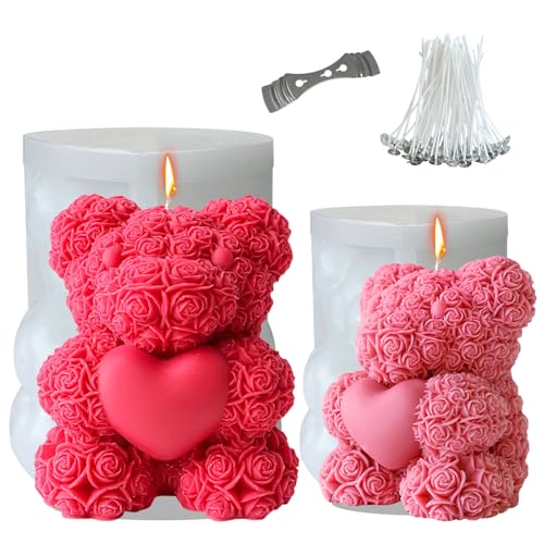 Midnadiy 2 Stück Jumbo Kerzenformen Silikon, 3d Rosenbär Silikonform, Rosenbär Teddybär Form, Silikonform Bär, DIY-Kerzenformen für Selbstgemachte Seifen, Geschenke zum Valentinstag（M+XL） von Midnadiy