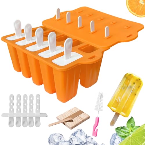 Midnadiy Silikon Eisformen mit Stiel - Stieleisformen mit 10 Kavitäten Leicht zu lösen, Eisformen Eis am Stiel bpa frei mit Edge-Griff zum Einfachen Aufnehmen(Orange) von Midnadiy