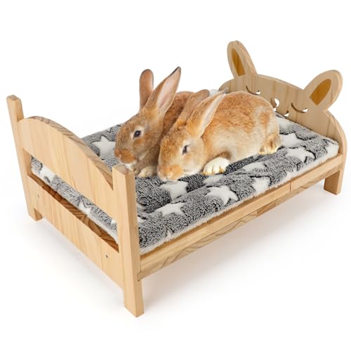 Midollarle Großes Kaninchenbett aus Holz mit weicher Matte, 2-in-1 faltbares Haustierbett für Kaninchen, Meerschweinchen, Hamster, Frettchen, Chinchilla, Kätzchen, Welpen, Schlafen, abnehmbares von Midollarle