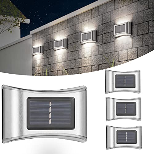 Midore [4 Stücke] Solarleuchten für Außen LED Solar Edelstah Modern Up und Down Ausenbeleuchtung Wandleuchte wasserdichte Solar Aluminum Wandbeleuchtung für Hinterhöfe,Gärten,Pfad (Kaltweiss) von Midore