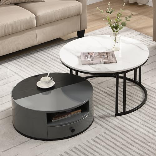 Midore Couchtisch Rund 2er Set, Wohnzimmertisch Rund Mit Einer Schublade Und DREI StaufäChern, Couchtisch Set Mit PVC-Marmoroptik Tisch Rund Mit Schwarzem Metallrahmen Geeignet FüR Wohnzimmer BüRo von Midore