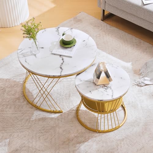 Midore Runder Satztisch Aus Holz 2er Set, Moderner Runder Wohnzimmertisch Mit Marmorfurnier, Couchtisch Rund Mit Metallrahmen Moderner Zusammensetzbarer Couchtisch Geeignet FüR Wohnzimmer Balkon BüRo von Midore