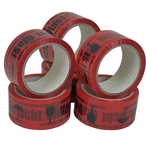 6 Rollen Midori PP Hinweis Klebeband Vorsicht Glas 48 mm x 66 m in Rot von Midori