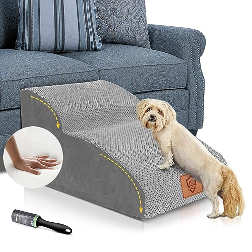 Midyb Hundetreppe für Kleine Hunde 2 Stufen, Haustiertreppe 30cm Hoch mit Hochdichter Schwamm & Waschbar Bezug, Tragbar Hunderampe für Sofa Bett, Senden 1 Fusselrollen, Grau von Midyb