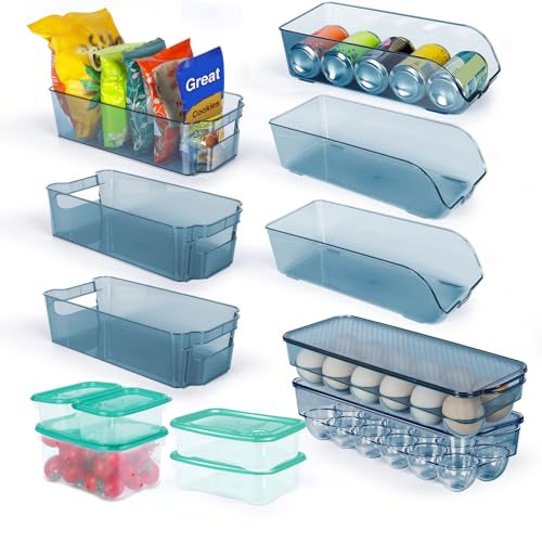 Midyb Kühlschrank Organizer - 13 Stück Organizer Kühlschrank Fridge Organizer Set mit Griff, Durchsichtig Kühlschrank-Aufbewahrungsbox für Küchen, Speisekammer, Schränke - Blau von Midyb