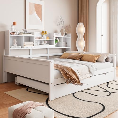 Ausziehbares Schlafsofa 140 * 200CM Massivholz, Ausziehbett 90 * 190CM, mit Staufach und Lattenrost, Kiefer Multifunktionsbett (Weiß) von Mielvu