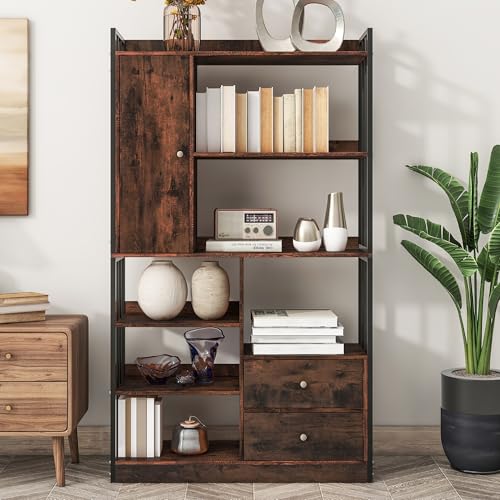 Bücherregal, 6 Regale, vertikale Regale mit Türen und Schubladen, Industrieregale, Stahlregale, marmoriert mit Goldrahmen (Schwarz+Braun) von Mielvu