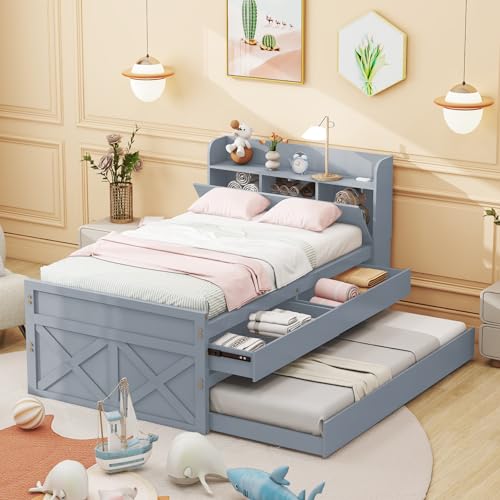 Einzelbett Massivholzbett Kiefer 90x190 Multifunktionales mit ausziehbarer Schublade Lattenrost, Nachttisch mit Ablagen mit USB-Buchse Jugendbett Gästebett Grau von Mielvu