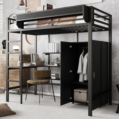 Eisenbett, Etagenbett, Geeignet für Kinder und Heranwachsende, Mit Tisch und Kleiderschrank, Reichlich Ablagefächer, Mit 5-stufiger Leiter, Eisen+Spanplatte, Schwarz, 90x200cm Eisenbett, Etagenbett, Geeignet für Kinder und Heranwachsende, Mit Tisch und Kleiderschrank, Reichlich Ablagefächer, Mit 5-stufiger Leiter, Eisen+Spanplatte, Schwarz, 90x200cm von Mielvu