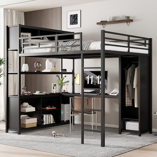 Eisenbett, Hochbett, Doppelstöckiger Stauraum unter dem Schreibtisch, Oberes Bett mit Stauraum, Mit Kleiderschrank, Eisen + Spanplatte,140x200cm (Schwarz) von Mielvu