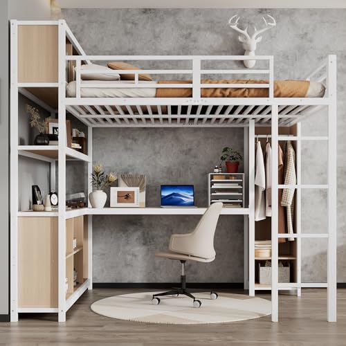 Eisenbett, Hochbett, Doppelstöckiger Stauraum unter dem Schreibtisch, Oberes Bett mit Stauraum, Mit Kleiderschrank, Eisen + Spanplatte,140x200cm (Weiß+Natur) von Mielvu