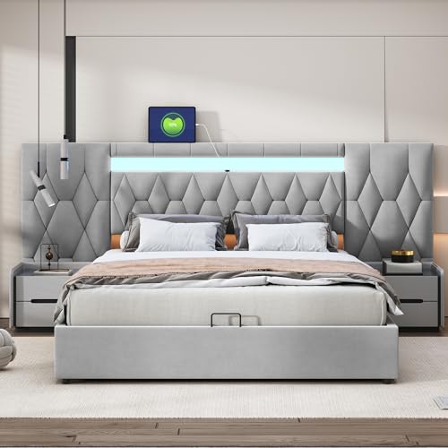 Elegantes Polsterbett 160x200 mit großer Rückenlehne, Samtbett mit LED und USB-Steckdose, hydraulisches Stauraumsystem, Bett Classic Grau von Mielvu