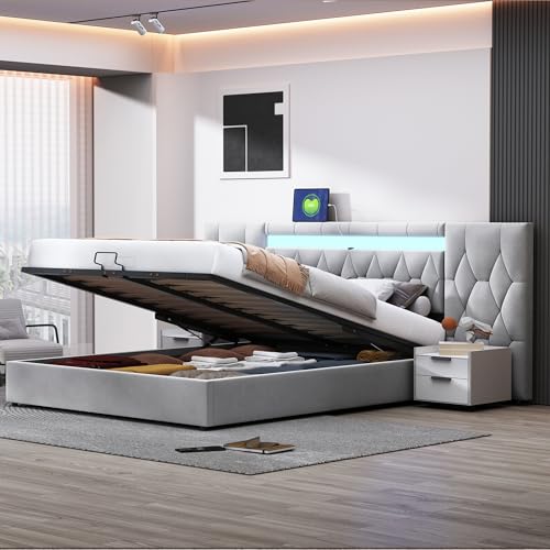 Elegantes Polsterbett 180x200 mit großer Rückenlehne, Samtbett mit LED und USB-Steckdose, hydraulisches Stauraumsystem, Bett Classic (Grau) von Mielvu