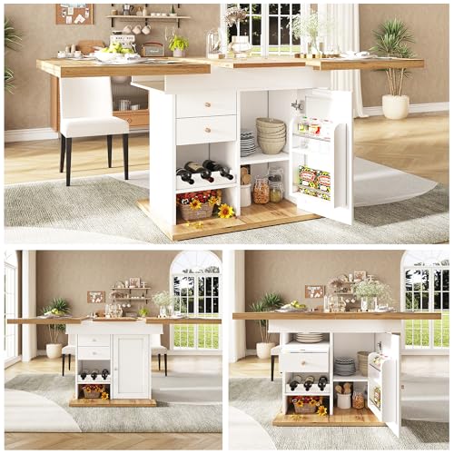 Esstisch Teleskoptisch(110-140×80cm), klappbarer Küchentisch für 4-6 Personen, Ausziehbarer,platzsparender Küchentisch,für Küche und Wohnzimmer, Tisch mit Snackregal und Weinregal (Natürlich, Weiß) von Mielvu