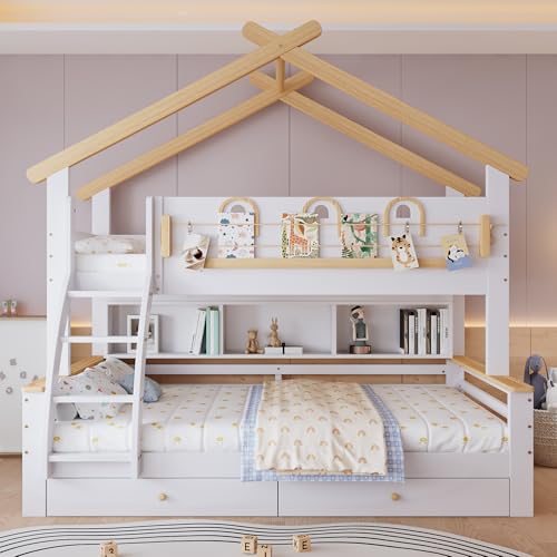 Etagenbett, Kinderbett, Zwei Schubladen mit Rollen, Exquisite dekorative Leitplanke und Dachdesign, Vierstöckige schräge Treppe, Kiefer + MDF, Weiß+Natur, 90x200cm&120x200cm von Mielvu