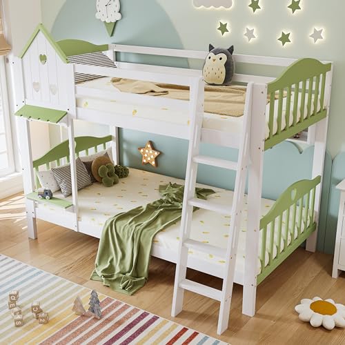 Etagenbett, Kinderbett mit Fallschutz und Gitter, Mit Dach und Fenster, Offenes Regal, Exquisiter Massivholzzaun, Mit vierstufiger Leiter, Massivholzrahmen, Kiefer+MDF, Weiß+Grün, 90x200cm Etagenbett, Kinderbett mit Fallschutz und Gitter, Mit Dach und Fenster, Offenes Regal, Exquisiter Massivholzzaun, Mit vierstufiger Leiter, Massivholzrahmen, Kiefer+MDF, Weiß+Grün, 90x200cm von Mielvu