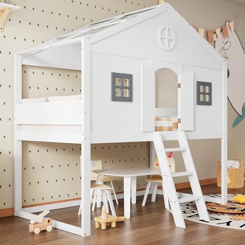 Hausbett, mit Treppe, mit Fallschutz und Gitter, Zwei graue Fenster, Kinderbett mit Fenster, Frei gestaltetes Unterbett, Rahmen aus Kiefer, Kiefer+MDF, Weiß+Grau, 90x200cm Hausbett, mit Treppe, mit Fallschutz und Gitter, Zwei graue Fenster, Kinderbett mit Fenster, Frei gestaltetes Unterbett, Rahmen aus Kiefer, Kiefer+MDF, Weiß+Grau, 90x200cm von Mielvu