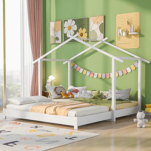 Hausbett 90/180 x 190cm Holz Kinderbett für Jungen & Mädchen Massivholz Kinder Bett umbaubar Bodenbett mit Lattenrost weiß von Mielvu