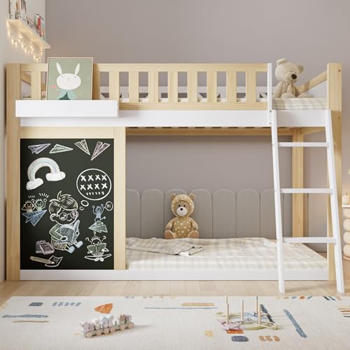 Hochbett, Kinderbett, Mit Einer kleinen Tafel zum Bemalen, Mit Aufbewahrungsbox, Sicherheitsgeländer, Individuell anpassbarer Stauraum unter dem Bett, Kiefer + MDF, Weiß+Natur, 90x200cm von Mielvu