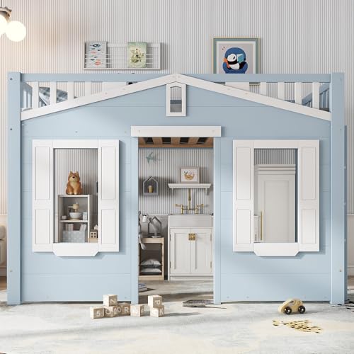 Hochbett, Kinderbett, Platz unter dem Bett für Flexible Gestaltung, Schöne Fenstergestaltung, Sichere und stabile Leiter, Kiefer + MDF + Sperrholz, Blau, 90x200cm Hochbett, Kinderbett, Platz unter dem Bett für Flexible Gestaltung, Schöne Fenstergestaltung, Sichere und stabile Leiter, Kiefer + MDF + Sperrholz, Blau, 90x200cm von Mielvu