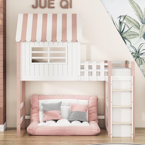 Kinderbett 90x200 cm hoch und niedrig Bett für Jungen und Mädchen Heimbett Dachform mit Sicherheitsleiter mit Ablagefach Multifunktionsbett Massivholzbett mit Lattenrost (Rosa) von Mielvu