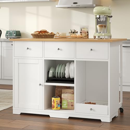 Küchenwagen, mobiler Servierwagen, Kücheninsel mit Schublade, Küchenschrank mit Haustierfressnapf/Haustieressbereich, 120 * 70 * 90cm, weiß von Mielvu