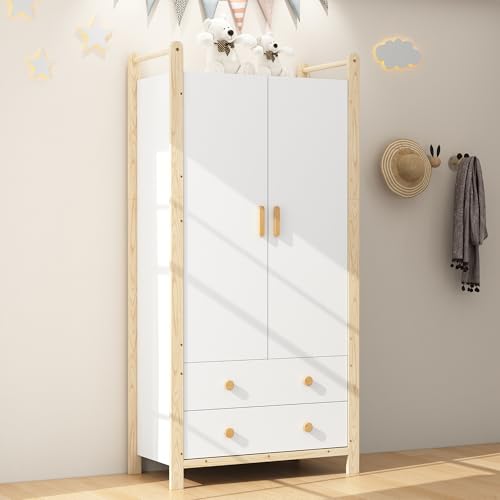 Mielvu 2-türiger Kleiderschrank, Kleiderschrank mit Kleiderstange, 2 Schubladen, für Schlafzimmer, Wohnzimmer, Flurgarderobe geeignet, aus Spanplatte, Körper + Kieferrahmen, 90×45×180 cm (weiß) von Mielvu