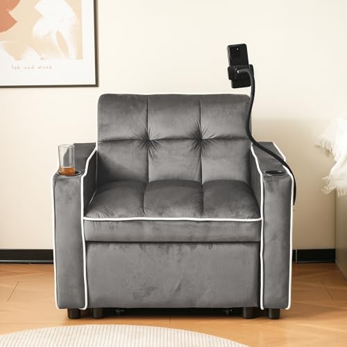 Mielvu 3-in-1 Ausziehbares Einzel-Schlafsofa – Mit Getränkehaltern und Handyhalter, Sofa-Liegestuhl, Schlafstuhl, Sessel, perfekt für kleine Räume,83 * 167 * 76cm (Antik-Dunkelgrau) von Mielvu