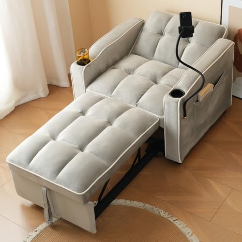 Mielvu 3-in-1 Ausziehbares Einzel-Schlafsofa – Mit Getränkehaltern und Handyhalter, Sofa-Liegestuhl, Schlafstuhl, Sessel, perfekt für kleine Räume,83 * 167 * 76cm (Antikgrauweiß) von Mielvu