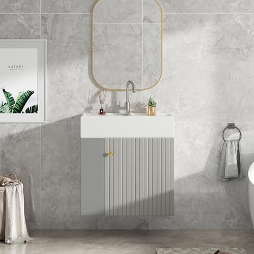 Mielvu Badezimmermöbel Waschbecken mit Unterschrank 55 cm Waschbecken, Unterschrank, hellgrauer Wandwaschtischunterschrank, kompakte Gästebadezimmermöbel Mielvu Badezimmermöbel Waschbecken mit Unterschrank 55 cm Waschbecken, Unterschrank, hellgrauer Wandwaschtischunterschrank, kompakte Gästebadezimmermöbel von Mielvu