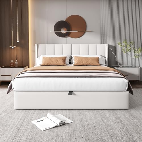 Mielvu Binaurales LED-Polsterbett 140 x 200 cm, hydraulisches Bett, wiederaufladbarer USB-Anschluss im Bett, mit LED-Beleuchtung, mit Stauraum, verstellbares Kopfteil, PU (weiß) von Mielvu