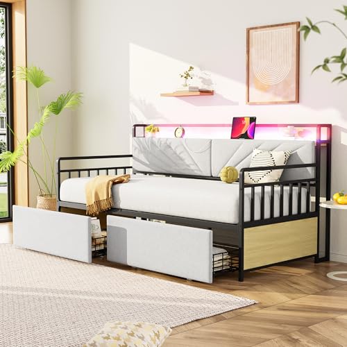 Mielvu Eisenbettsofa 90 * 200 cm, mit LED-Beleuchtung und Ablagen, mit Schubladen und Multifunktionssteckdosen, Eiseneinzelbett, Jugendbett (Beige) von Mielvu